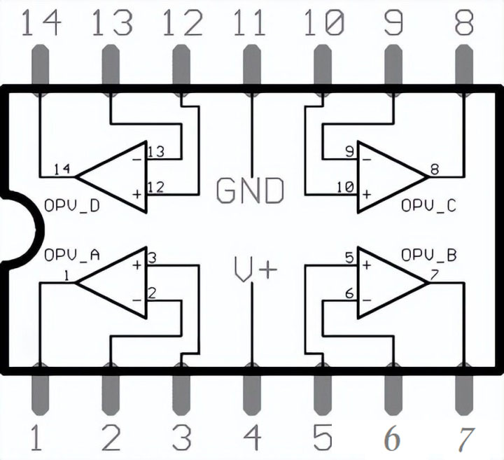LM324 Quad Op Amp ICs: 4 Example Circuits and Pin Diagram